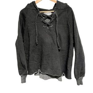 Wildfox Charcoal Gray Hoodie Cropped Raw Hem Lace Up Front Cozy Comfy